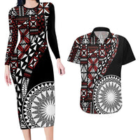 Red Tongan Ngatu Fonulei Pattern Couples Matching Long Sleeve Bodycon Dress and Hawaiian Shirt