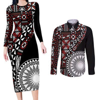 Red Tongan Ngatu Fonulei Pattern Couples Matching Long Sleeve Bodycon Dress and Long Sleeve Button Shirt