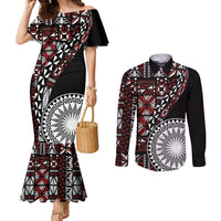 Red Tongan Ngatu Fonulei Pattern Couples Matching Mermaid Dress and Long Sleeve Button Shirt