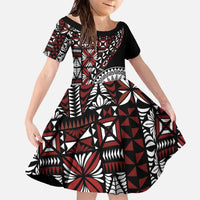 Red Tongan Ngatu Fonulei Pattern Family Matching Off The Shoulder Long Sleeve Dress and Hawaiian Shirt