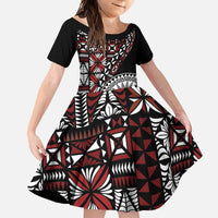 Red Tongan Ngatu Fonulei Pattern Family Matching Off Shoulder Maxi Dress and Hawaiian Shirt LT9 Daughter's Dress Red - Polynesian Pride