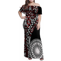 Red Tongan Ngatu Fonulei Pattern Family Matching Off Shoulder Maxi Dress and Hawaiian Shirt LT9 Mom's Dress Red - Polynesian Pride