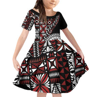 Red Tongan Ngatu Fonulei Pattern Family Matching Off Shoulder Short Dress and Hawaiian Shirt LT9 Daughter's Dress Red - Polynesian Pride