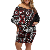 Red Tongan Ngatu Fonulei Pattern Family Matching Off Shoulder Short Dress and Hawaiian Shirt LT9 Mom's Dress Red - Polynesian Pride