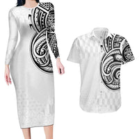 Hawaii and Japanese Culture Personalised Couples Matching Long Sleeve Bodycon Dress and Hawaiian Shirt With Polynesian Tribal Tattoo Style LT9 White - Polynesian Pride