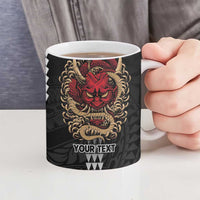 Hawaii and Japanese Oni Mask Personalised Ceramic Mug Kakau Pattern Dark Art Style - Polynesian Pride