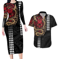 Hawaii and Japanese Oni Mask Personalised Couples Matching Long Sleeve Bodycon Dress and Hawaiian Shirt Kakau Pattern Dark Art Style LT9 Black - Polynesian Pride