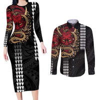 Hawaii and Japanese Oni Mask Personalised Couples Matching Long Sleeve Bodycon Dress and Long Sleeve Button Shirt Kakau Pattern Dark Art Style LT9 Black - Polynesian Pride