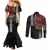 Hawaii and Japanese Oni Mask Personalised Couples Matching Mermaid Dress and Long Sleeve Button Shirt Kakau Pattern Dark Art Style LT9 - Polynesian Pride