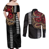Hawaii and Japanese Oni Mask Personalised Couples Matching Off Shoulder Maxi Dress and Long Sleeve Button Shirt Kakau Pattern Dark Art Style LT9 - Polynesian Pride