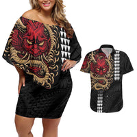 Hawaii and Japanese Oni Mask Personalised Couples Matching Off Shoulder Short Dress and Hawaiian Shirt Kakau Pattern Dark Art Style LT9 Black - Polynesian Pride