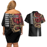 Hawaii and Japanese Oni Mask Personalised Couples Matching Off Shoulder Short Dress and Hawaiian Shirt Kakau Pattern Dark Art Style LT9 - Polynesian Pride