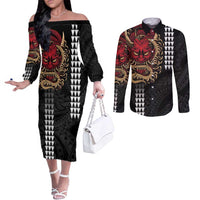 Hawaii and Japanese Oni Mask Personalised Couples Matching Off The Shoulder Long Sleeve Dress and Long Sleeve Button Shirt Kakau Pattern Dark Art Style LT9 Black - Polynesian Pride