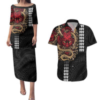 Hawaii and Japanese Oni Mask Personalised Couples Matching Puletasi and Hawaiian Shirt Kakau Pattern Dark Art Style LT9 Black - Polynesian Pride