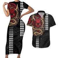 Hawaii and Japanese Oni Mask Personalised Couples Matching Short Sleeve Bodycon Dress and Hawaiian Shirt Kakau Pattern Dark Art Style LT9 Black - Polynesian Pride