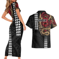 Hawaii and Japanese Oni Mask Personalised Couples Matching Short Sleeve Bodycon Dress and Hawaiian Shirt Kakau Pattern Dark Art Style LT9 - Polynesian Pride