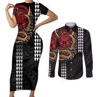 Hawaii and Japanese Oni Mask Personalised Couples Matching Short Sleeve Bodycon Dress and Long Sleeve Button Shirt Kakau Pattern Dark Art Style LT9 Black - Polynesian Pride