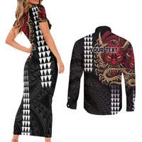 Hawaii and Japanese Oni Mask Personalised Couples Matching Short Sleeve Bodycon Dress and Long Sleeve Button Shirt Kakau Pattern Dark Art Style LT9 - Polynesian Pride