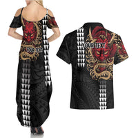 Hawaii and Japanese Oni Mask Personalised Couples Matching Summer Maxi Dress and Hawaiian Shirt Kakau Pattern Dark Art Style LT9 - Polynesian Pride