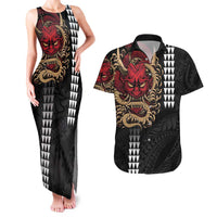 Hawaii and Japanese Oni Mask Personalised Couples Matching Tank Maxi Dress and Hawaiian Shirt Kakau Pattern Dark Art Style LT9 Black - Polynesian Pride