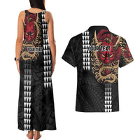 Hawaii and Japanese Oni Mask Personalised Couples Matching Tank Maxi Dress and Hawaiian Shirt Kakau Pattern Dark Art Style LT9 - Polynesian Pride