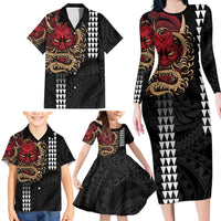Hawaii and Japanese Oni Mask Personalised Family Matching Long Sleeve Bodycon Dress and Hawaiian Shirt Kakau Pattern Dark Art Style LT9 - Polynesian Pride