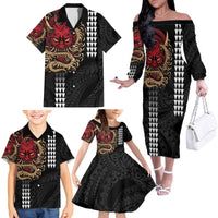 Hawaii and Japanese Oni Mask Personalised Family Matching Off The Shoulder Long Sleeve Dress and Hawaiian Shirt Kakau Pattern Dark Art Style LT9 - Polynesian Pride