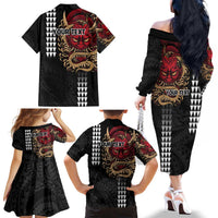 Hawaii and Japanese Oni Mask Personalised Family Matching Off The Shoulder Long Sleeve Dress and Hawaiian Shirt Kakau Pattern Dark Art Style LT9 - Polynesian Pride