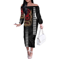 Hawaii and Japanese Oni Mask Personalised Family Matching Off The Shoulder Long Sleeve Dress and Hawaiian Shirt Kakau Pattern Dark Art Style LT9 Mom's Dress Black - Polynesian Pride