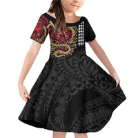 Hawaii and Japanese Oni Mask Personalised Family Matching Off Shoulder Short Dress and Hawaiian Shirt Kakau Pattern Dark Art Style LT9 Daughter's Dress Black - Polynesian Pride