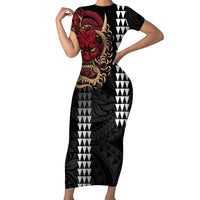 Hawaii and Japanese Oni Mask Personalised Family Matching Short Sleeve Bodycon Dress and Hawaiian Shirt Kakau Pattern Dark Art Style LT9 Mom's Dress Black - Polynesian Pride