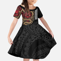 Hawaii and Japanese Oni Mask Personalised Family Matching Summer Maxi Dress and Hawaiian Shirt Kakau Pattern Dark Art Style LT9 Daughter's Dress Black - Polynesian Pride