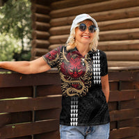 Hawaii and Japanese Oni Mask Personalised Women Polo Shirt Kakau Pattern Dark Art Style