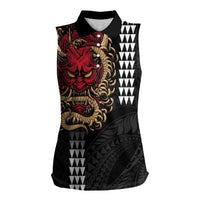 Hawaii and Japanese Oni Mask Personalised Women Sleeveless Polo Shirt Kakau Pattern Dark Art Style LT9 Female Black - Polynesian Pride