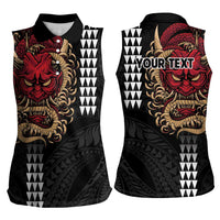 Hawaii and Japanese Oni Mask Personalised Women Sleeveless Polo Shirt Kakau Pattern Dark Art Style LT9 - Polynesian Pride