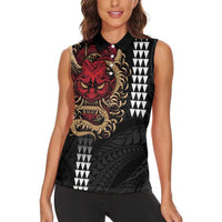 Hawaii and Japanese Oni Mask Personalised Women Sleeveless Polo Shirt Kakau Pattern Dark Art Style LT9 - Polynesian Pride