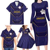 Japan Pacific Rugby 2022-23 Custom Family Matching Long Sleeve Bodycon Dress and Hawaiian Shirt Blue Sakura Japanese Wave Pattern