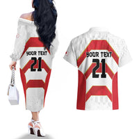 Japan Pacific Rugby 2022-23 Custom Couples Matching Off The Shoulder Long Sleeve Dress and Hawaiian Shirt Red Sakura Japanese Wave Pattern