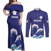 Japan Pacific Rugby Custom Couples Matching Off Shoulder Maxi Dress and Long Sleeve Button Shirt Go Sakura Japanese Wave Pattern