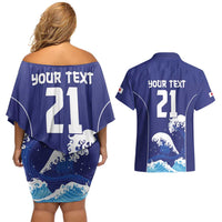 Japan Pacific Rugby Custom Couples Matching Off Shoulder Short Dress and Hawaiian Shirt Go Sakura Japanese Wave Pattern