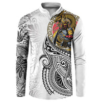 Japanese Samurai Warrior Button Sweatshirt White Polynesian Tattoo Style