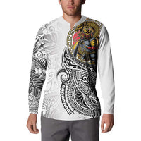 Japanese Samurai Warrior Button Sweatshirt White Polynesian Tattoo Style