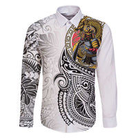Japanese Samurai Warrior Family Matching Off The Shoulder Long Sleeve Dress and Hawaiian Shirt White Polynesian Tattoo Style LT9 Dad's Shirt - Long Sleeve White - Polynesian Pride