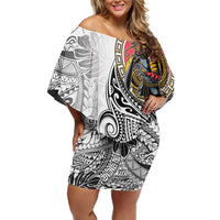 Japanese Samurai Warrior Family Matching Off Shoulder Short Dress and Hawaiian Shirt White Polynesian Tattoo Style LT9 Mom's Dress White - Polynesian Pride