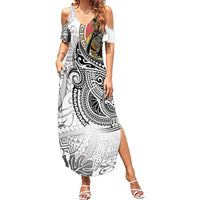 Japanese Samurai Warrior Family Matching Summer Maxi Dress and Hawaiian Shirt White Polynesian Tattoo Style LT9 Mom's Dress White - Polynesian Pride