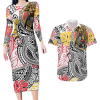 Japanese Samurai Warrior Couples Matching Long Sleeve Bodycon Dress and Hawaiian Shirt Colorful Polynesian Tattoo Style LT9 White - Polynesian Pride