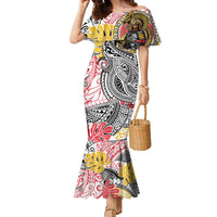 Japanese Samurai Warrior Family Matching Mermaid Dress and Hawaiian Shirt Colorful Polynesian Tattoo Style LT9 Mom's Dress White - Polynesian Pride