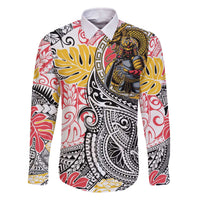 Japanese Samurai Warrior Family Matching Off The Shoulder Long Sleeve Dress and Hawaiian Shirt Colorful Polynesian Tattoo Style LT9 Dad's Shirt - Long Sleeve White - Polynesian Pride