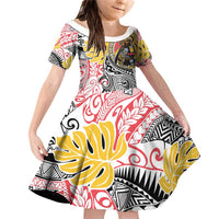 Japanese Samurai Warrior Family Matching Off Shoulder Short Dress and Hawaiian Shirt Colorful Polynesian Tattoo Style LT9 Daughter's Dress White - Polynesian Pride