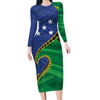 Solomon Islands Independence Day 1978 Personalised Family Matching Long Sleeve Bodycon Dress and Hawaiian Shirt Polynesian Pattern with Flag Style LT9 Mom's Dress Blue - Polynesian Pride